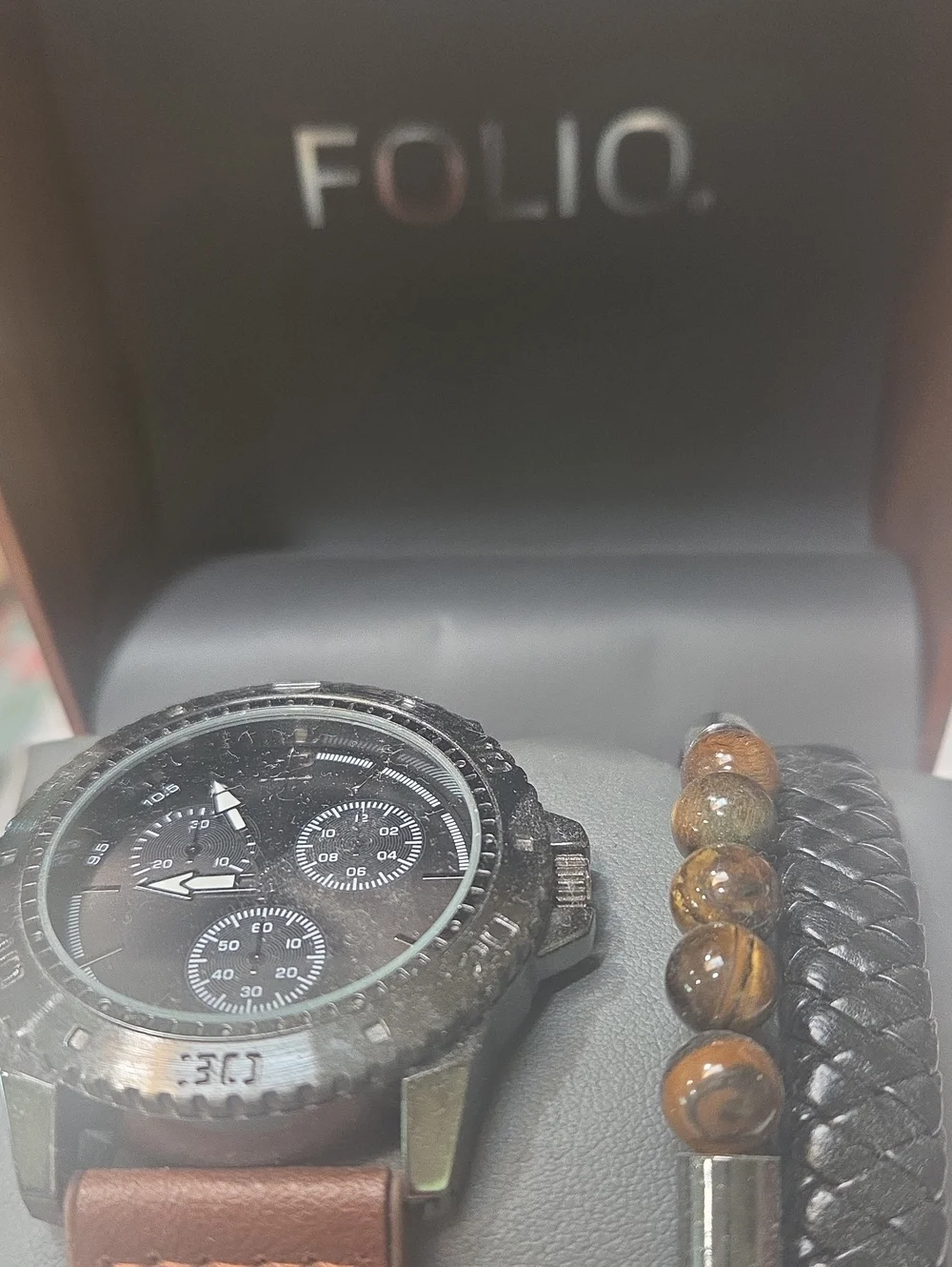 Black Chronograph Watch with Brown Leather Strap and Beaded Bracelet Set